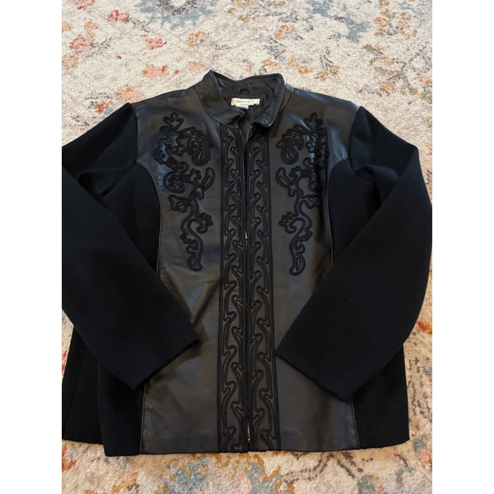 Coldwater Creek Vintage Black Leather Knit Mixed Media Soutache Jacket XL